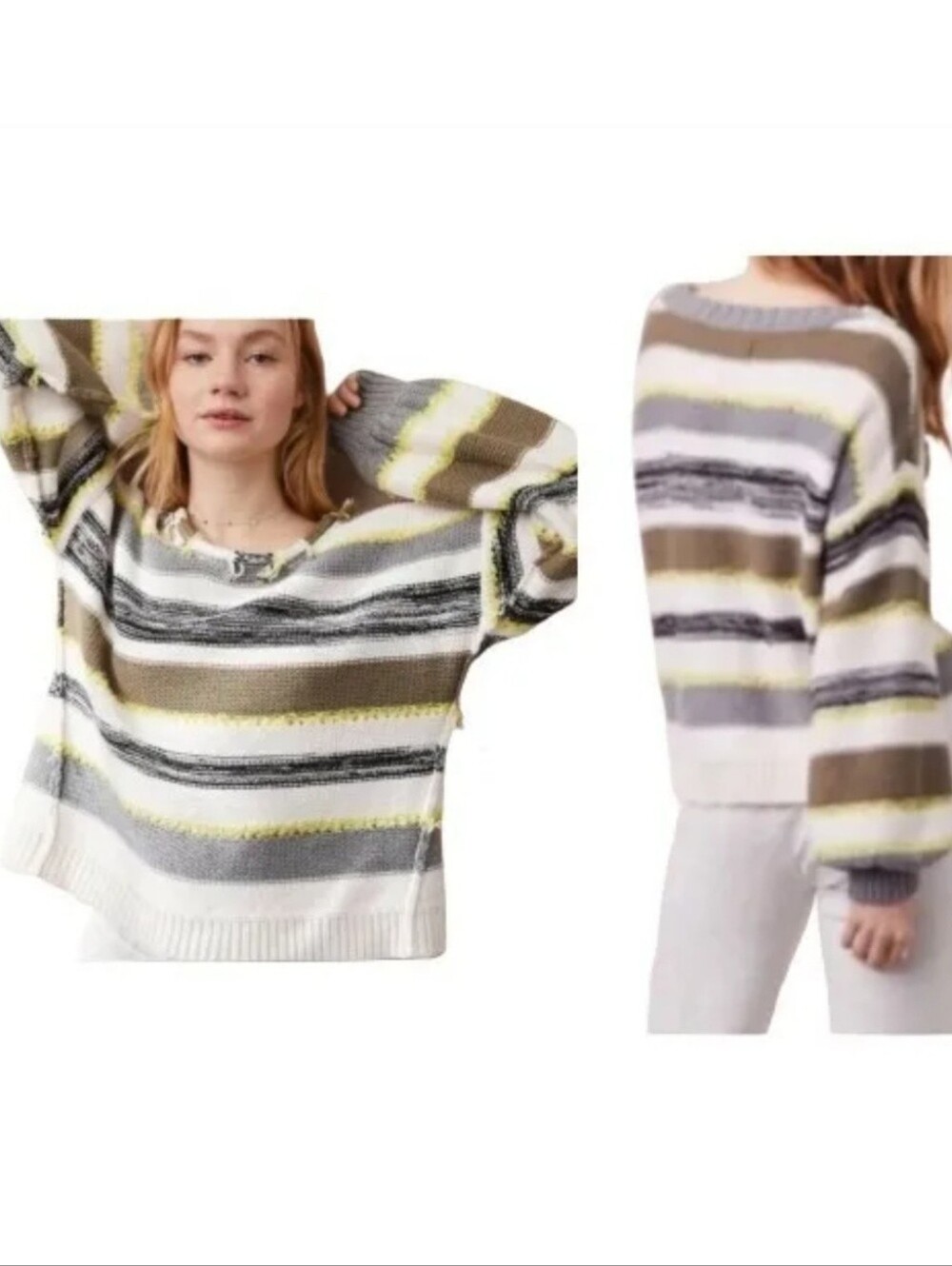 Lou & Grey Multicolor Chunky Sweater Striped Balloon Sleeves Relaxed Fit